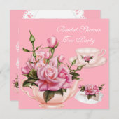 ブライダルシャワーティーパーティーピンクローズティーポット2 招待状 (正面/裏面)