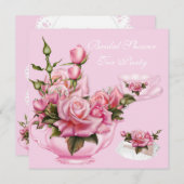ブライダルシャワーティーパーティーピンクローズティーポット4 招待状 (正面/裏面)