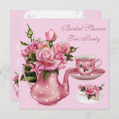 ブライダルシャワーティーパーティーピンクローズティーポット5 招待状 (正面/裏面)