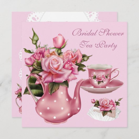 ブライダルシャワーティーパーティーピンクローズティーポット5 招待状 (正面/裏面)