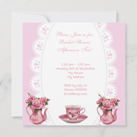 ブライダルシャワーティーパーティーピンクローズティーポット5 招待状 (裏面)