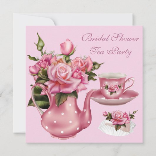 ブライダルシャワーティーパーティーピンクローズティーポット5 招待状 (正面)