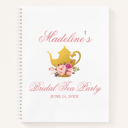 ブライダルシャワーティーパーティーフローラピンク金ゴールドギフトリスト ノートブック (正面)
