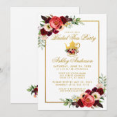 ブライダルシャワーティーパーティーブルゴーニュ金ゴールドボホフローラ 招待状 (正面/裏面)