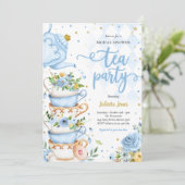 ブライダルシャワーティーパーティーブルーと金ゴールドフローラ 招待状 (スタンド正面)