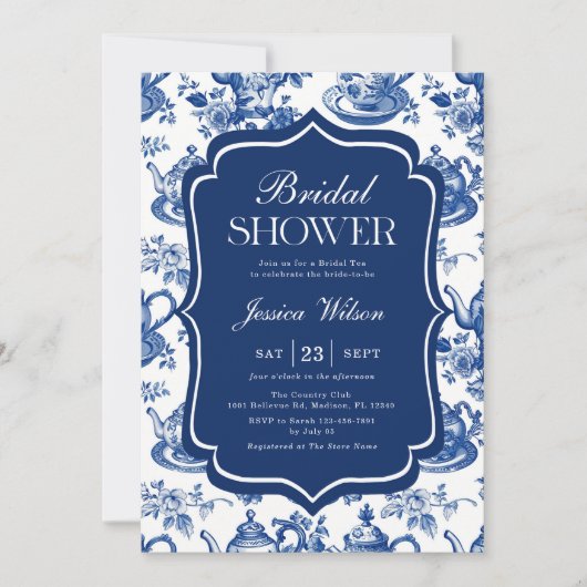 ブライダルシャワーティーパーティーブルーチノワセリー 招待状 (正面)