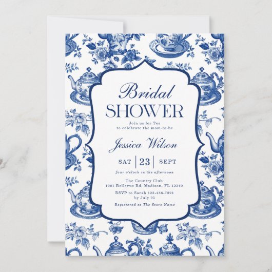 ブライダルシャワーティーパーティーブルーホワイトチノワセリー 招待状 (正面)
