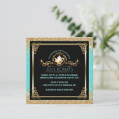 ブライダルシャワーティーパーティーブルー金ゴールドグリッター 招待状 (スタンド正面)