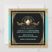 ブライダルシャワーティーパーティーブルー金ゴールドグリッター 招待状 (正面)