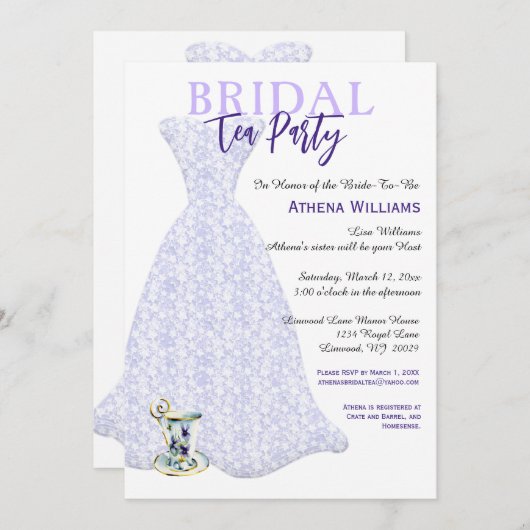 ブライダルシャワーティーパーティーラベンダーブライダルガウン 招待状 (正面/裏面)