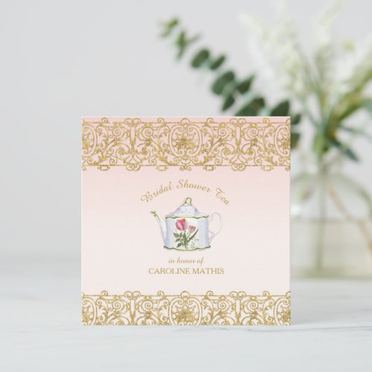 ブライダルシャワーティーパーティーランチョンピンク金ゴールドグリッター 招待状 (スタンド正面)