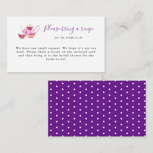 ブライダルシャワーティーパーティーレシピリクエストカードパープル エンクロージャーカード (正面/裏面)