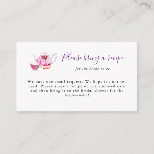 ブライダルシャワーティーパーティーレシピリクエストカードパープル エンクロージャーカード (正面)