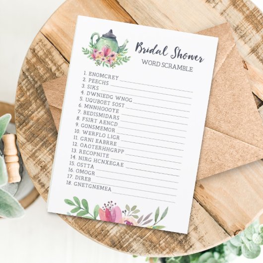 ブライダルシャワーティーパーティー単語スクランブルゲームカード 招待状