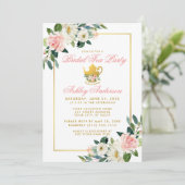 ブライダルシャワーティーパーティー金ゴールドピンクフローラ招待状 招待状 (スタンド正面)