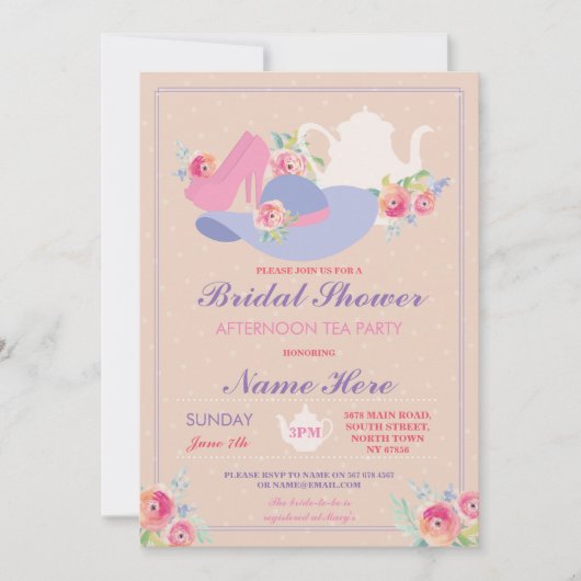 ブライダルシャワーティーポットハットシューズバチェロレッテ 招待状 (正面)