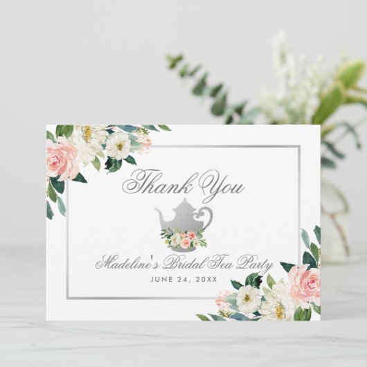ブライダルシャワーティー感謝していパーティーピンクフローラシルバー 招待状 (スタンド正面)