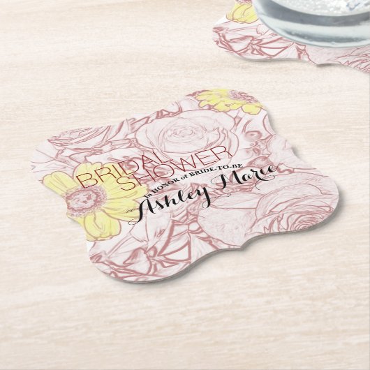 ブライダルシャワーテラコッタアウトラインブーケテンプレート ペーパーコースター (アングル)