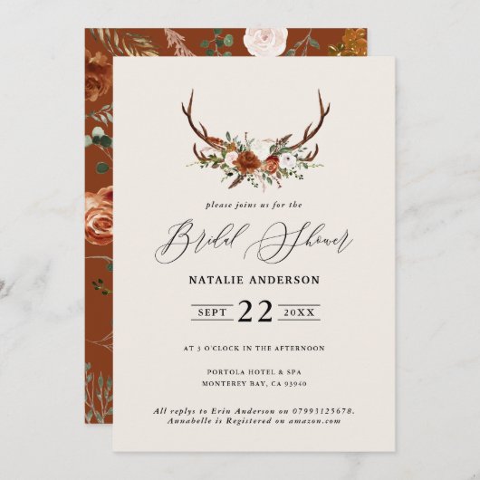 ブライダルシャワーテラコッタスタグ素朴エレガント植物 招待状 (正面/裏面)