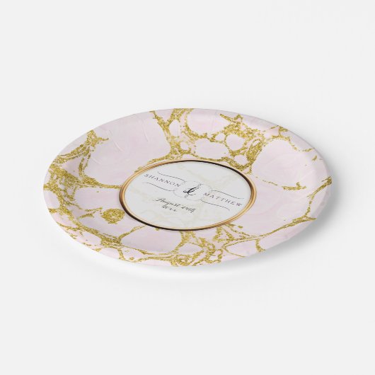 ブライダルシャワーデコーフェイクルバラ金ゴールド大理石 ペーパープレート (アングル)
