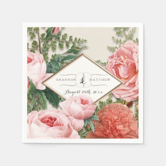 ブライダルシャワーデコールバラ金ゴールドダイヤモンドヴィンテージアート スタンダードカクテルナプキン (正面)