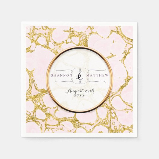 ブライダルシャワーデコールバラ金ゴールド大理石フェイクグリッター スタンダードカクテルナプキン (正面)