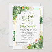 ブライダルシャワートロピカルパームウォーターカラーグリーン金ゴールド 招待状 (正面)