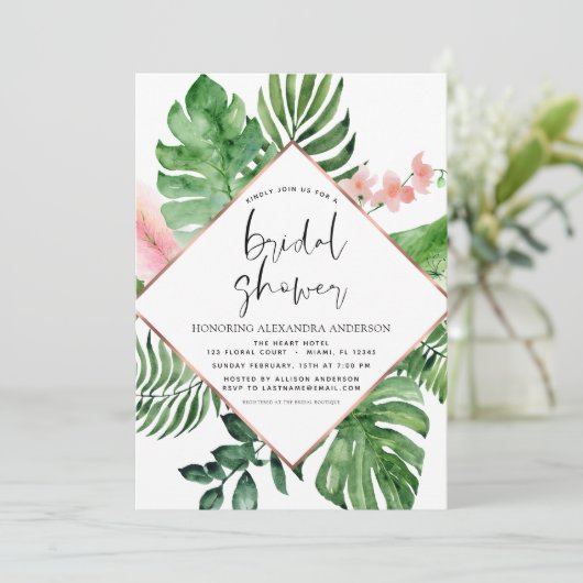 ブライダルシャワートロピカルパームウォーターカラージオメトリックI 招待状 (スタンド正面)
