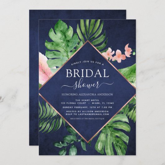 ブライダルシャワートロピカルパームウォーターカラーネイビーブルー 招待状 (正面/裏面)