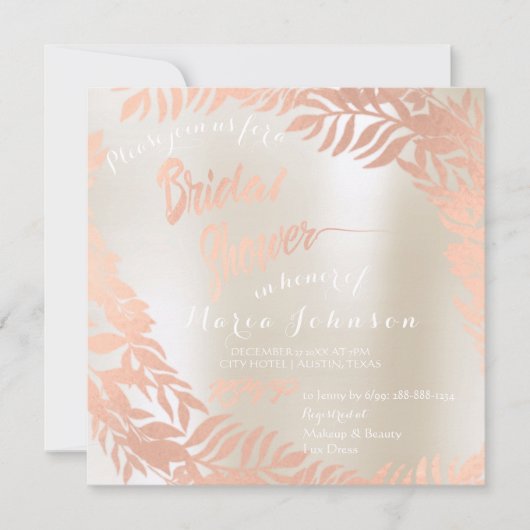 ブライダルシャワートロピカルリーフアイボリーバラ金ゴールド 招待状 (正面)