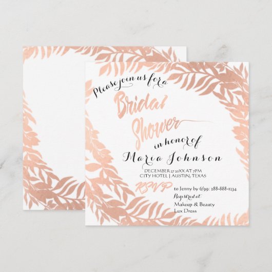 ブライダルシャワートロピカルリーフグリッターバラ金ゴールド 招待状 (正面/裏面)