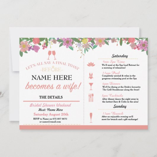 ブライダルシャワートーストフローラコーラルピンク招待状 招待状 (正面)