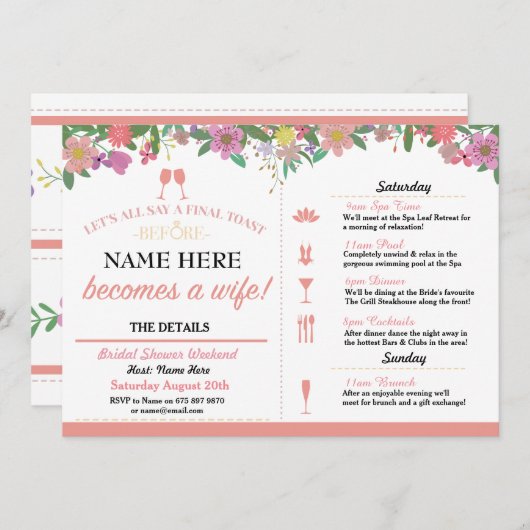 ブライダルシャワートーストフローラコーラルピンク招待状 招待状 (正面/裏面)
