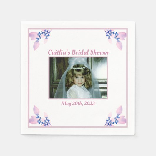 ブライダルシャワーナプキン – ピンクテーマと写真 スタンダードカクテルナプキン (正面)