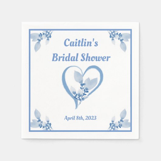 ブライダルシャワーナプキン – ブルーウォーターカラーハートテーマ スタンダードカクテルナプキン (正面)