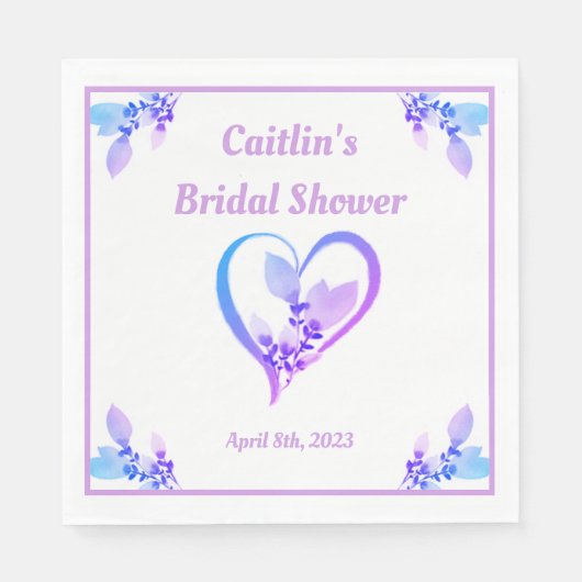ブライダルシャワーナプキン – ペリウィンクル水彩ハート スタンダードランチョンナプキン (正面)