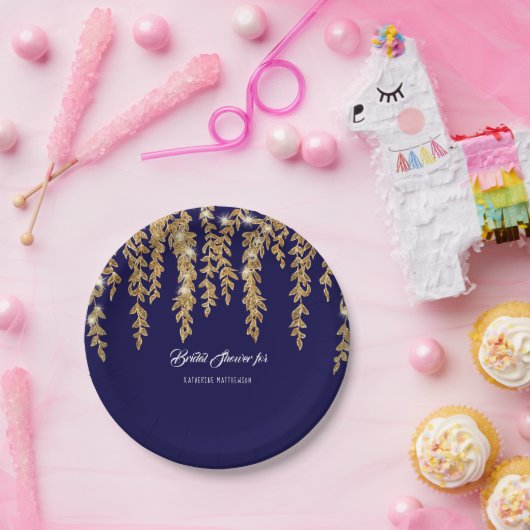 ブライダルシャワーネイビシンプルー金ゴールドウィローリーフトゥインクル ペーパープレート (パーティー)