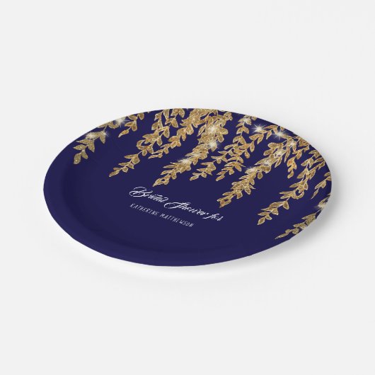 ブライダルシャワーネイビシンプルー金ゴールドウィローリーフトゥインクル ペーパープレート (アングル)