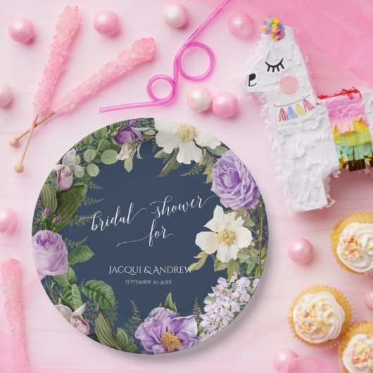 ブライダルシャワーネイビラベンダーアイボリー牡丹リース ペーパープレート (パーティー)