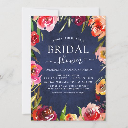 ブライダルシャワーネイビーエレガントブルーフローラ水色 招待状 (正面)