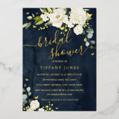 ブライダルシャワーネイビーシャンパンフローラ金ゴールド 箔招待状 (正面)