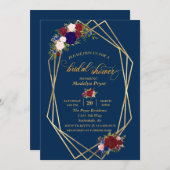 ブライダルシャワーネイビーブルゴーニュ金ゴールドフレームゴールドモダン 招待状 (正面/裏面)