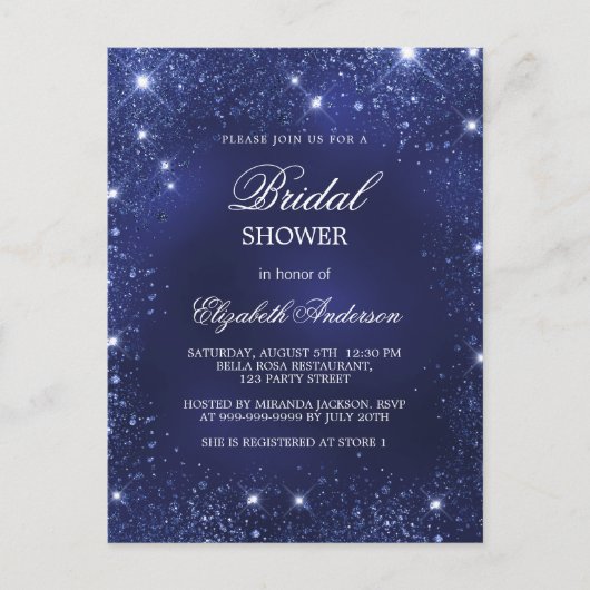 ブライダルシャワーネイビーブルーのスパークルエレガント インビテーションポストカード (正面)