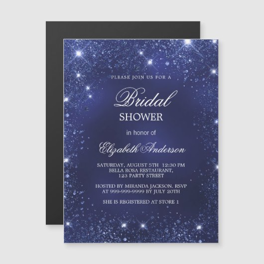 ブライダルシャワーネイビーブルースパークルズ マグネット招待状 (正面/裏面)