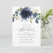 ブライダルシャワーネイビーブルーフローラウォーターカラーシルバー 招待状 (スタンド正面)