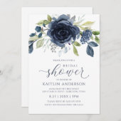 ブライダルシャワーネイビーブルーフローラウォーターカラーシルバー 招待状 (正面/裏面)