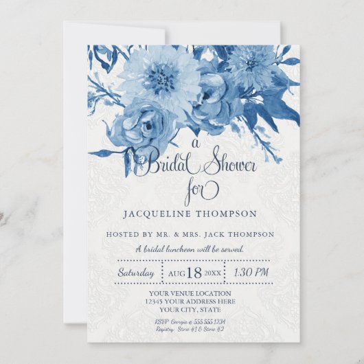 ブライダルシャワーネイビーブルーホワイトチンツダマスクフローラ 招待状 (正面)