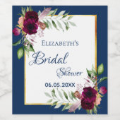 ブライダルシャワーネイビーブルー花模様ブルゴーニュ名 ワインラベル (シングルラベル)