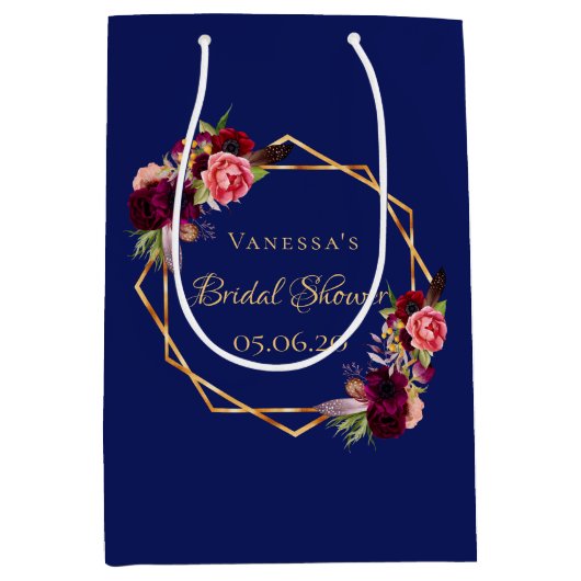 ブライダルシャワーネイビーブルー花模様ブルゴーニュ ミディアムペーパーバッグ (正面)