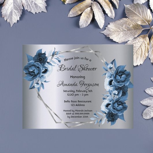 ブライダルシャワーネイビーブルー花模様銀の招待 ポストカード